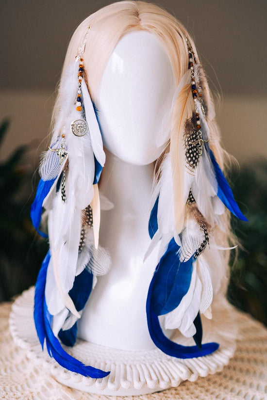 Blue and White Feather Hair Clip, Boho Festival Hairpiece, Natural Feather Hair Accessory, Handmade Carnival Hair Clip, Statement Hairpiece