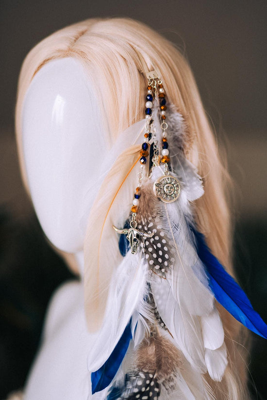 Blue and White Feather Hair Clip, Boho Festival Hairpiece, Natural Feather Hair Accessory, Handmade Carnival Hair Clip, Statement Hairpiece