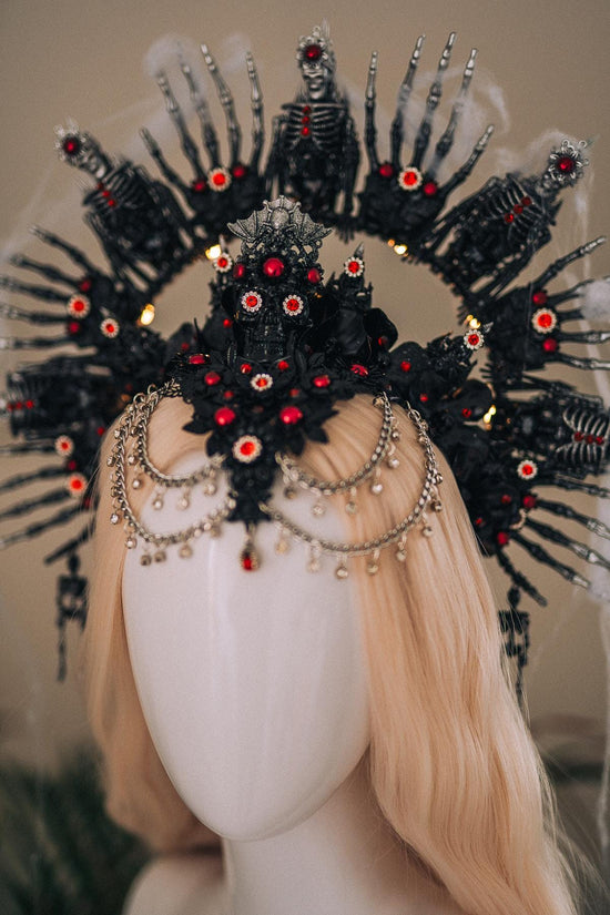 Dark Skeleton Queen Halo Crown Halloween Headpiece Red Black Gothic Skull Light Up Costume Goddess Tiara