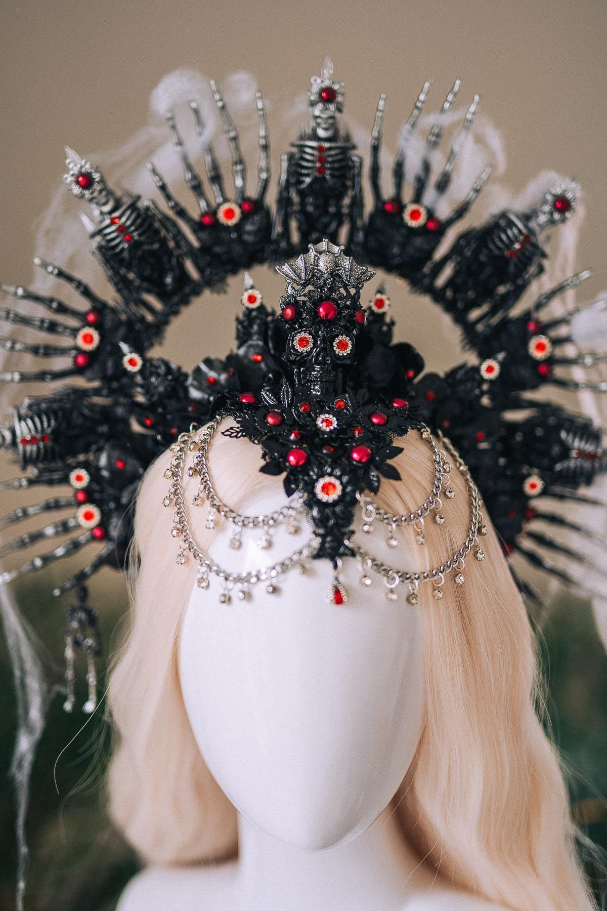 Dark Skeleton Queen Halo Crown Halloween Headpiece Red Black Gothic Skull Light Up Costume Goddess Tiara