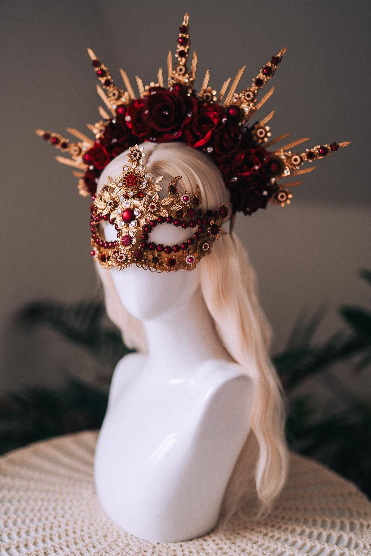 Burgundy Gold Crystal Masquerade Mask with Halo Crown, Venetian Mardi Gras Costume