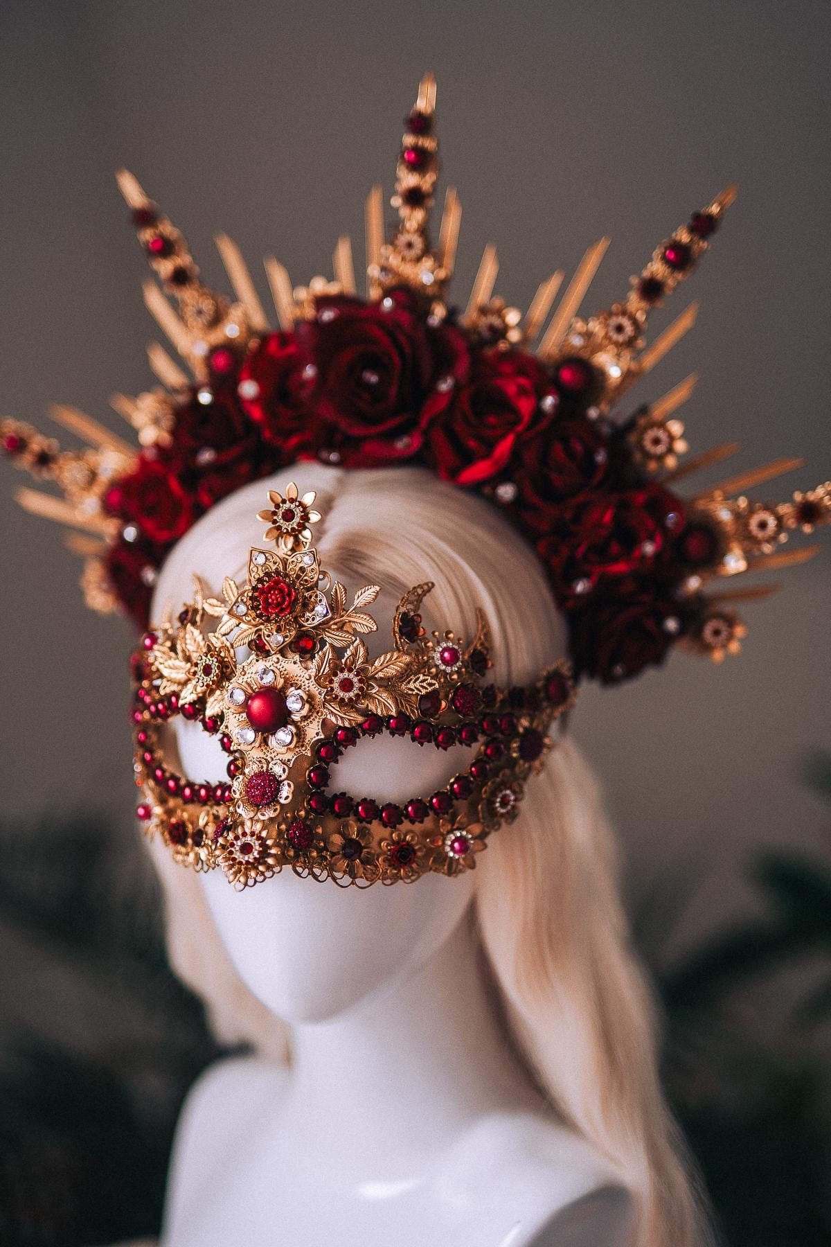 Burgundy Gold Crystal Masquerade Mask with Halo Crown, Venetian Mardi Gras Costume