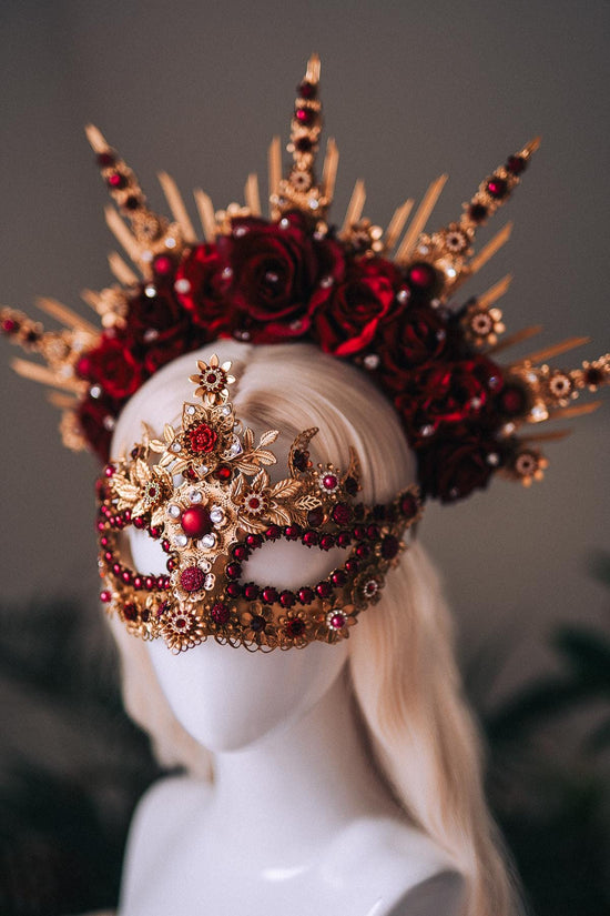 Gold Masquerade Mask Burgundy Red Crown Set Carnival Costume Halo Crown Mardi Gras Mask Halloween Headpiece Floral Mask