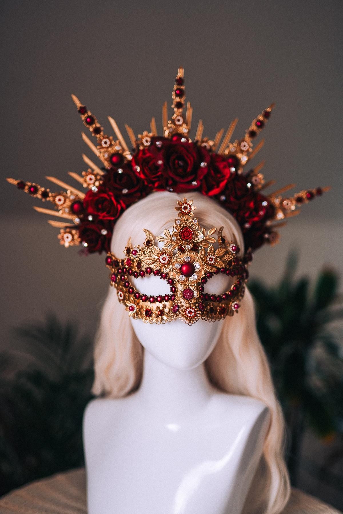 Burgundy Gold Crystal Masquerade Mask with Halo Crown, Venetian Mardi Gras Costume