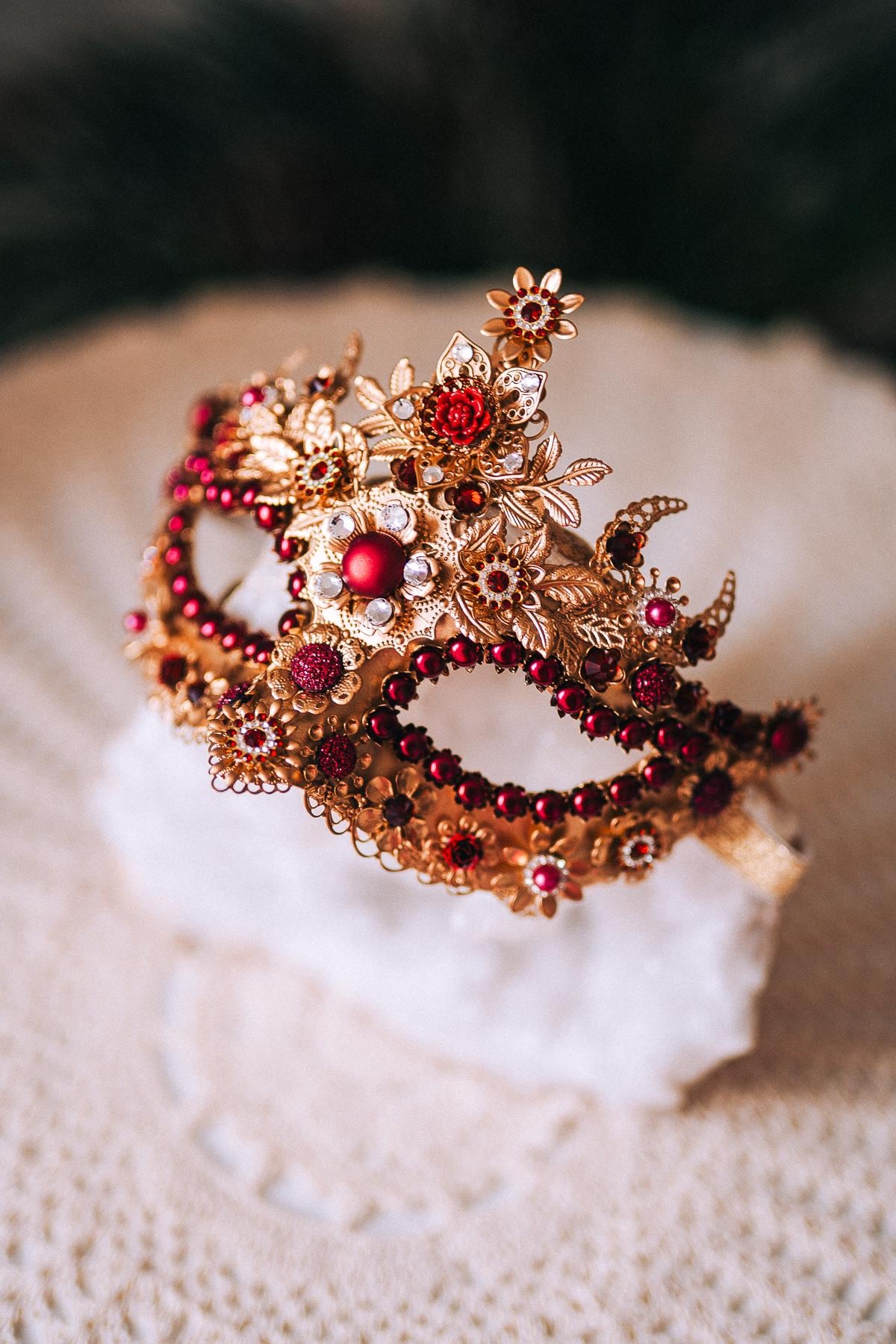 Burgundy Gold Crystal Masquerade Mask with Halo Crown, Venetian Mardi Gras Costume