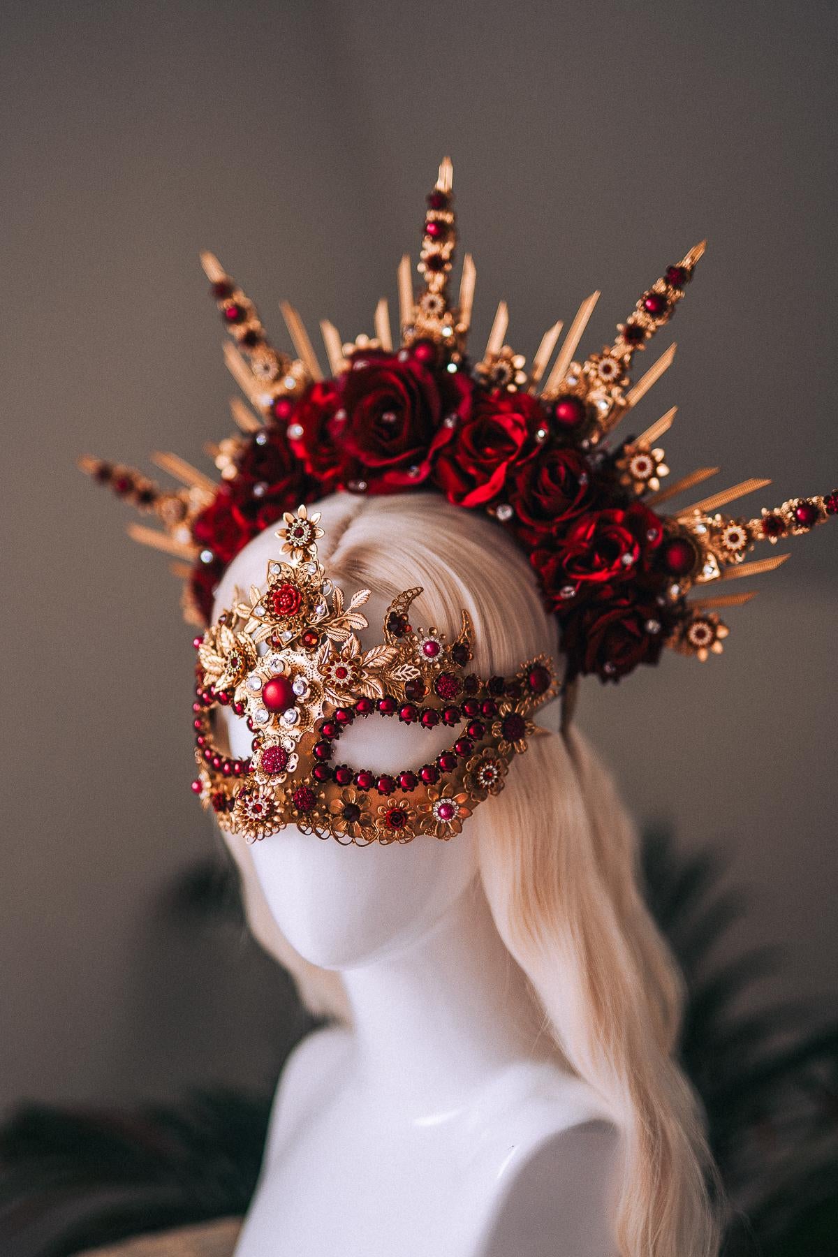 Gold Masquerade Mask Burgundy Red Crown Set Carnival Costume Halo Crown Mardi Gras Mask Halloween Headpiece Floral Mask