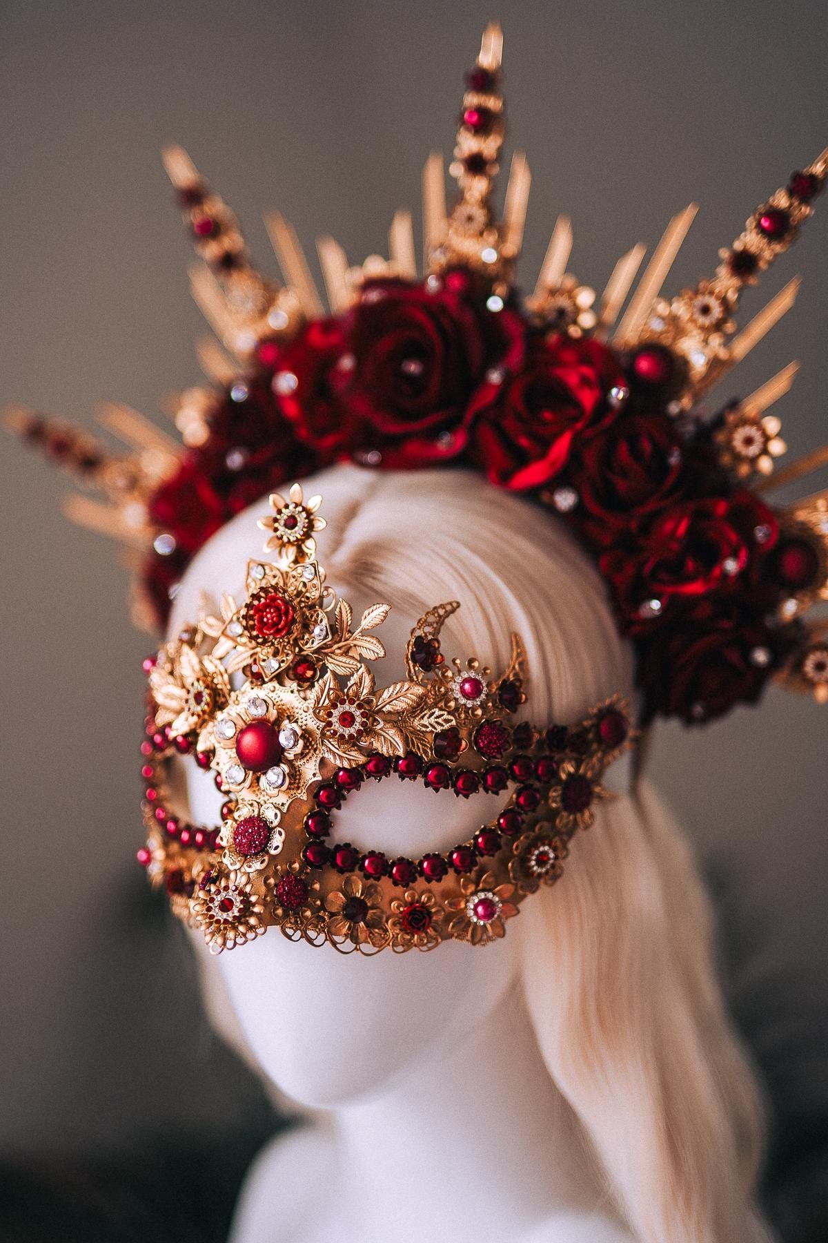 Burgundy Gold Crystal Masquerade Mask with Halo Crown, Venetian Mardi Gras Costume