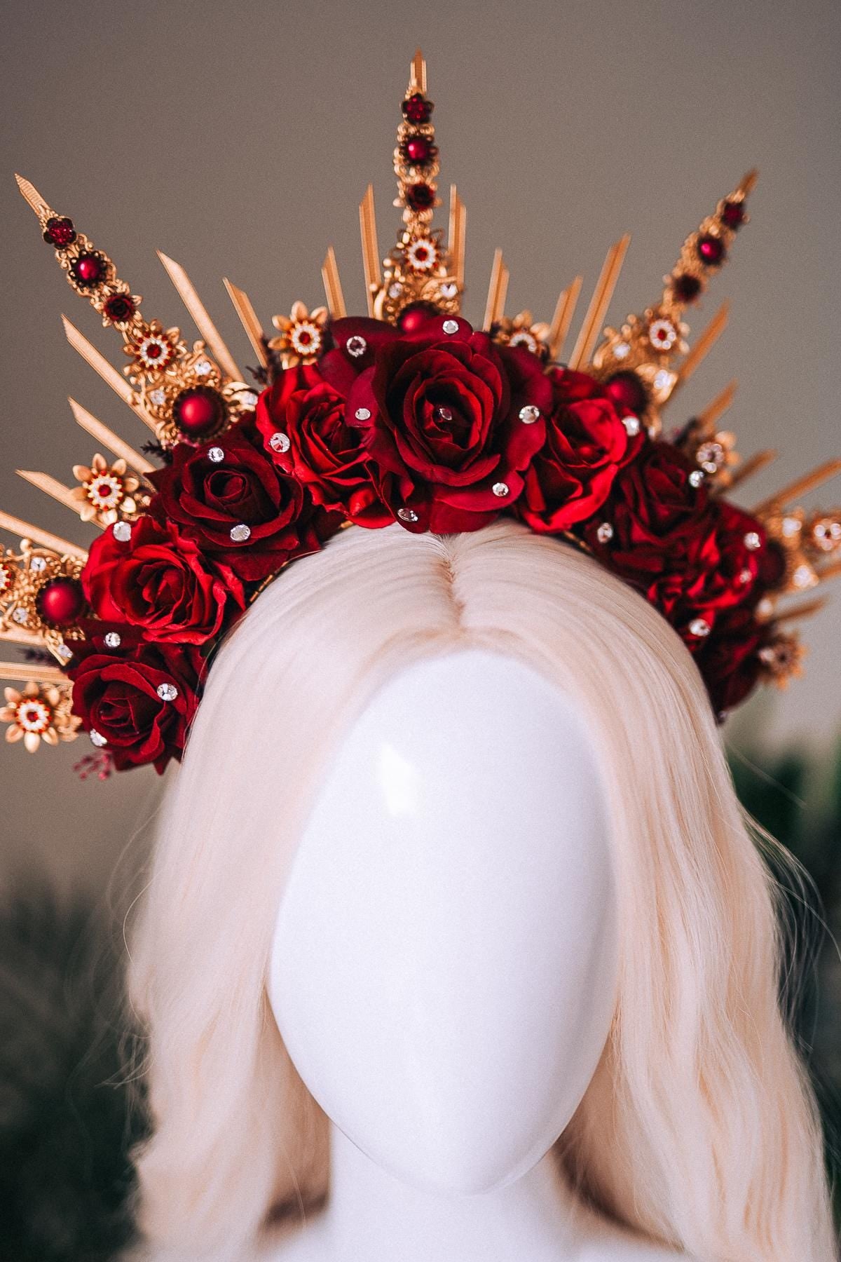 Gold Masquerade Mask Burgundy Red Crown Set Carnival Costume Halo Crown Mardi Gras Mask Halloween Headpiece Floral Mask