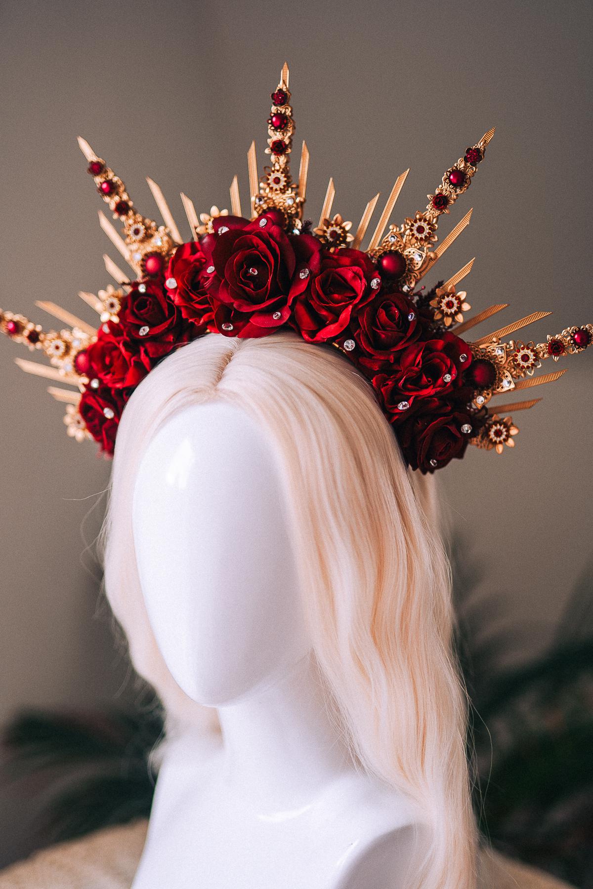 Burgundy Gold Crystal Masquerade Mask with Halo Crown, Venetian Mardi Gras Costume