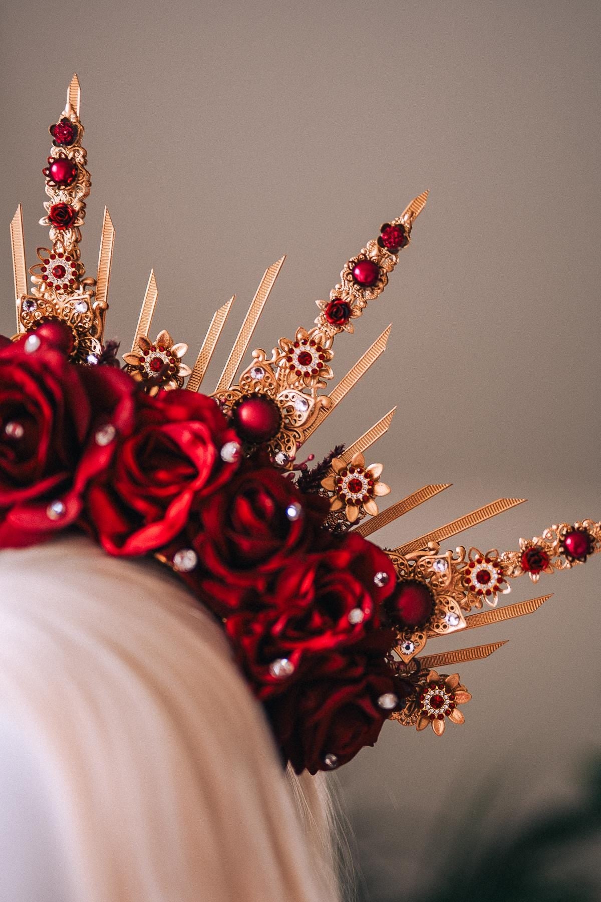 Gold Masquerade Mask Burgundy Red Crown Set Carnival Costume Halo Crown Mardi Gras Mask Halloween Headpiece Floral Mask