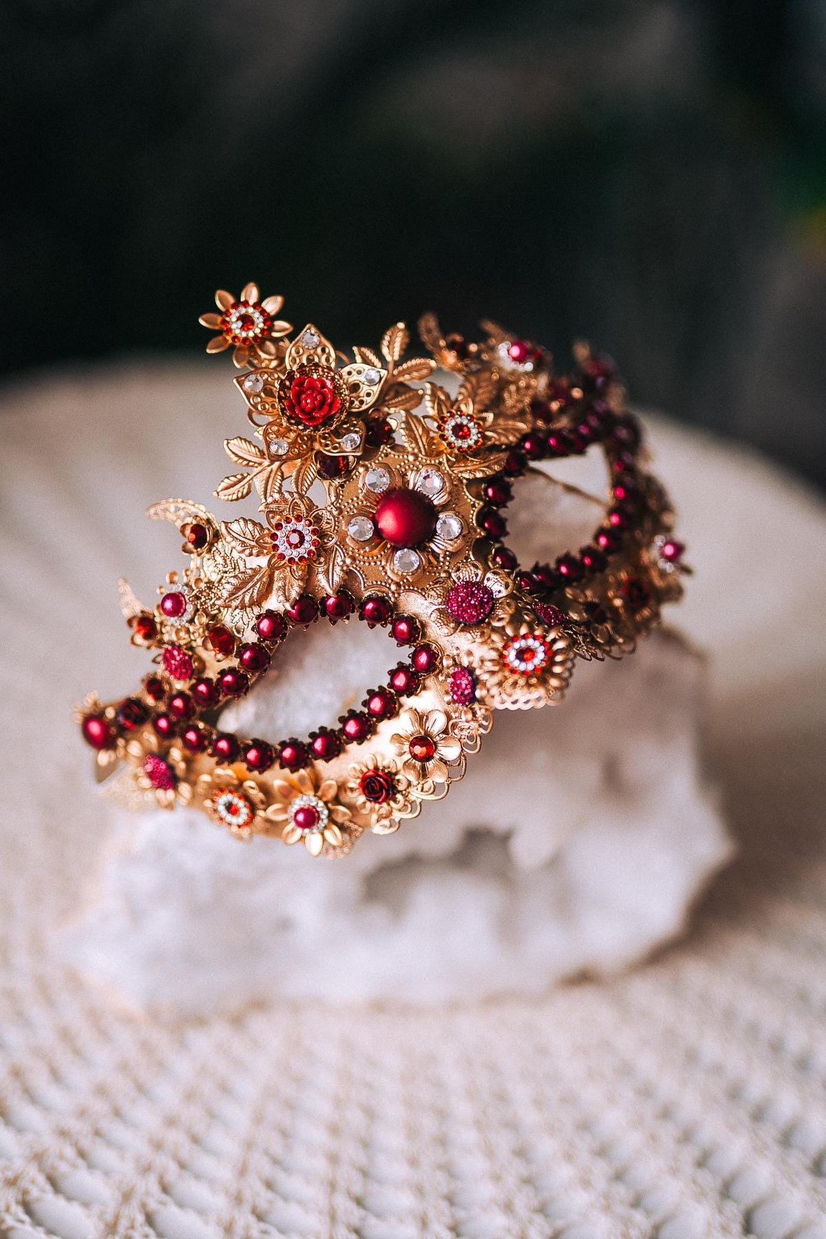 Burgundy Gold Crystal Masquerade Mask with Halo Crown, Venetian Mardi Gras Costume