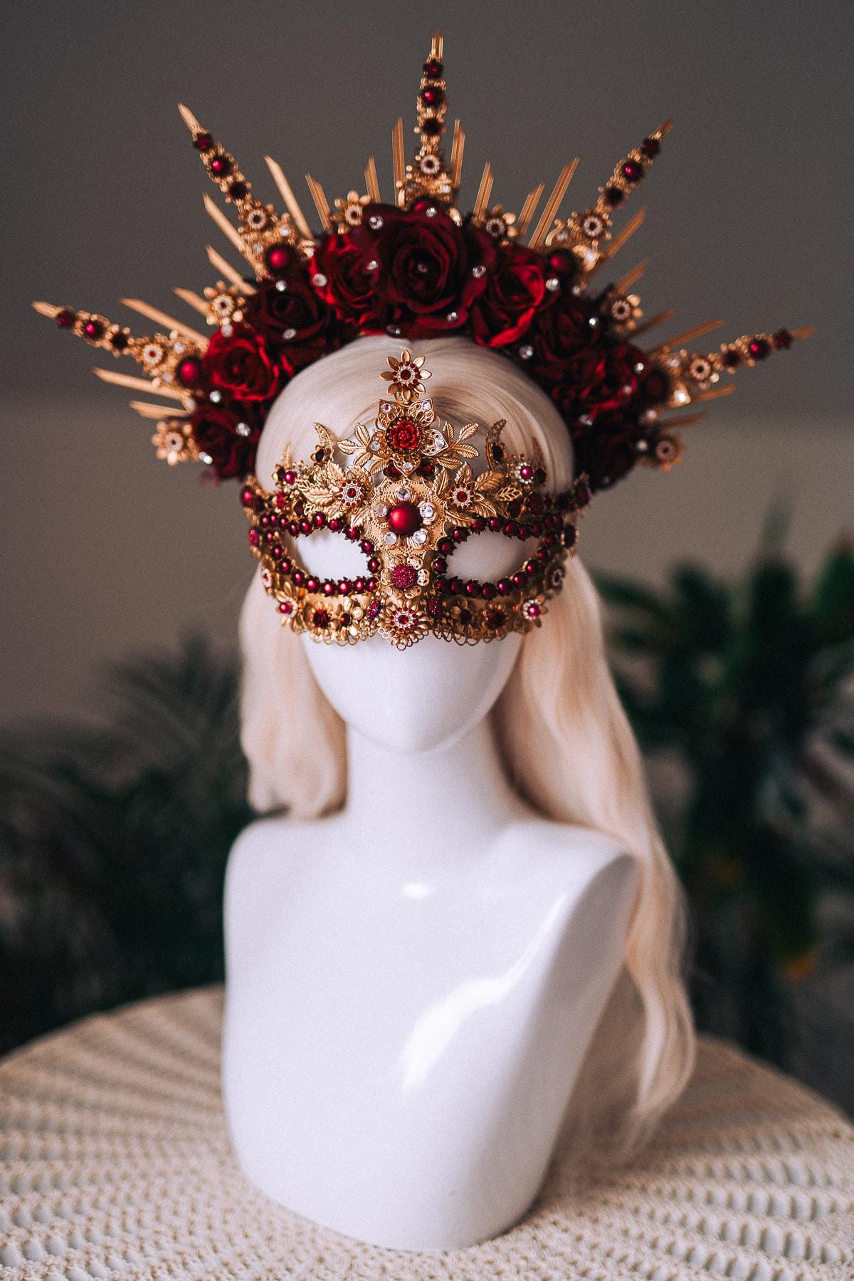 Burgundy Gold Crystal Masquerade Mask with Halo Crown, Venetian Mardi Gras Costume