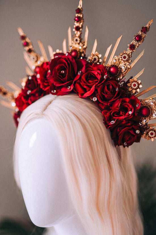 Emerald Green Halo Crown, Gold Headpiece, Carnival Costume, Flower Spiked Tiara, Baroque Festival Crown, Masquerade Queen Headdress