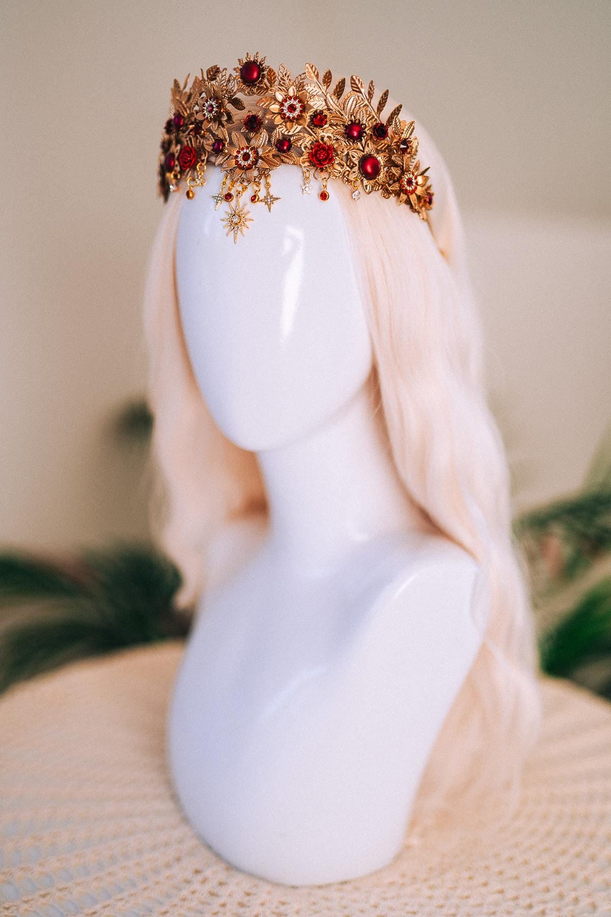 Gold Tiara,Bridal Headpiece,Burgundy Crown,Wedding Tiara,Gemstone Headband,Baroque Hairpiece,Red Flower Tiara,Gala Queen Look