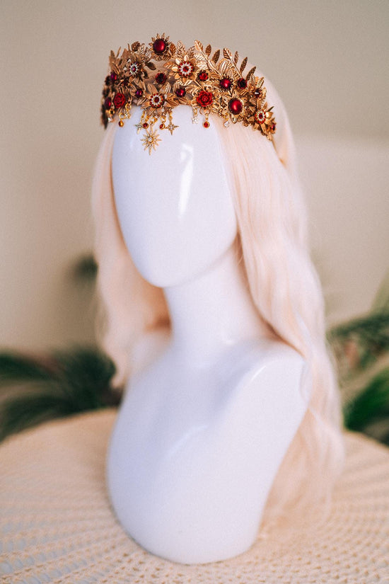 Gold Tiara,Bridal Headpiece,Burgundy Crown,Wedding Tiara,Gemstone Headband,Baroque Hairpiece,Red Flower Tiara,Gala Queen Look