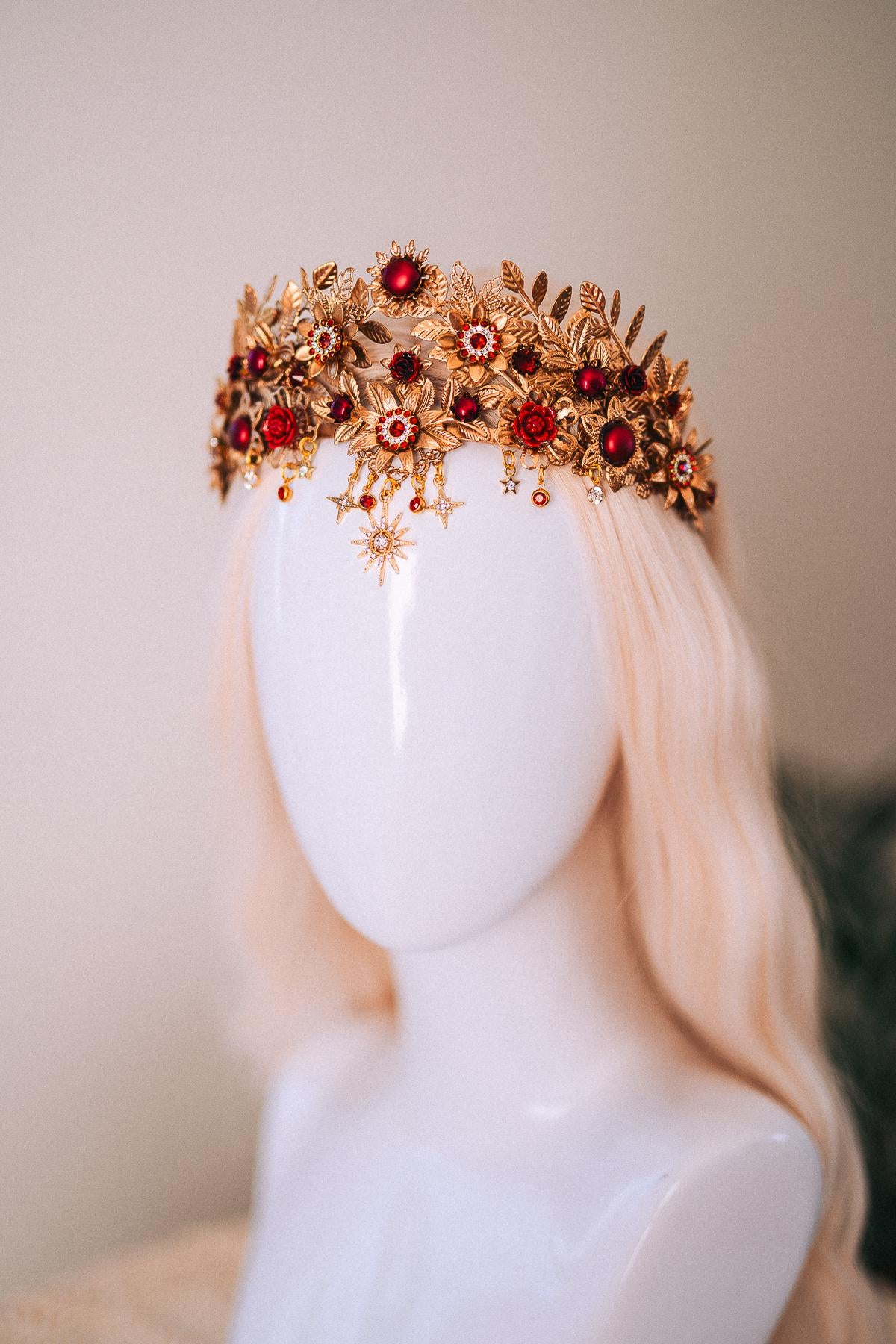 Gold Tiara,Bridal Headpiece,Burgundy Crown,Wedding Tiara,Gemstone Headband,Baroque Hairpiece,Red Flower Tiara,Gala Queen Look