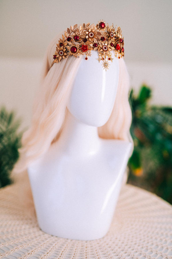 Gold Tiara,Bridal Headpiece,Burgundy Crown,Wedding Tiara,Gemstone Headband,Baroque Hairpiece,Red Flower Tiara,Gala Queen Look
