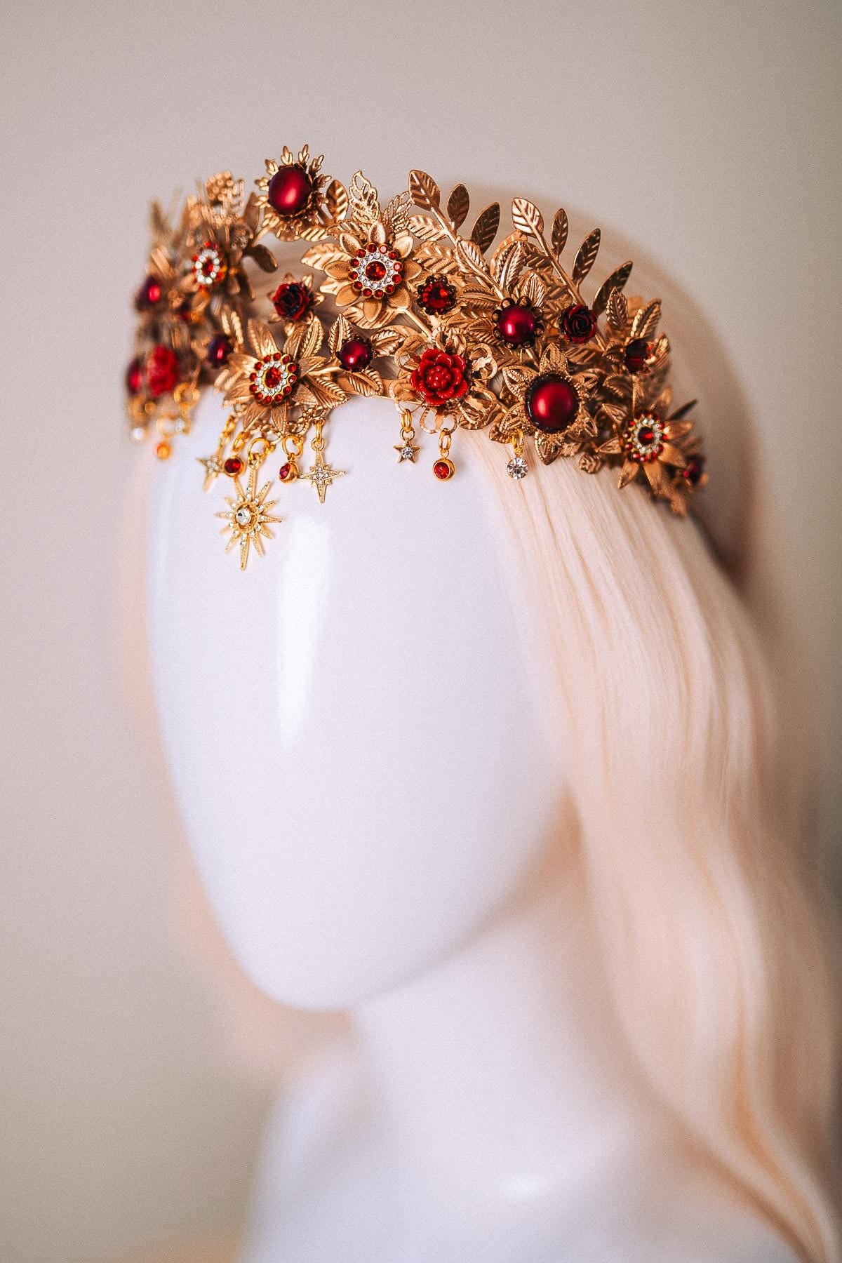 Gold Tiara,Bridal Headpiece,Burgundy Crown,Wedding Tiara,Gemstone Headband,Baroque Hairpiece,Red Flower Tiara,Gala Queen Look