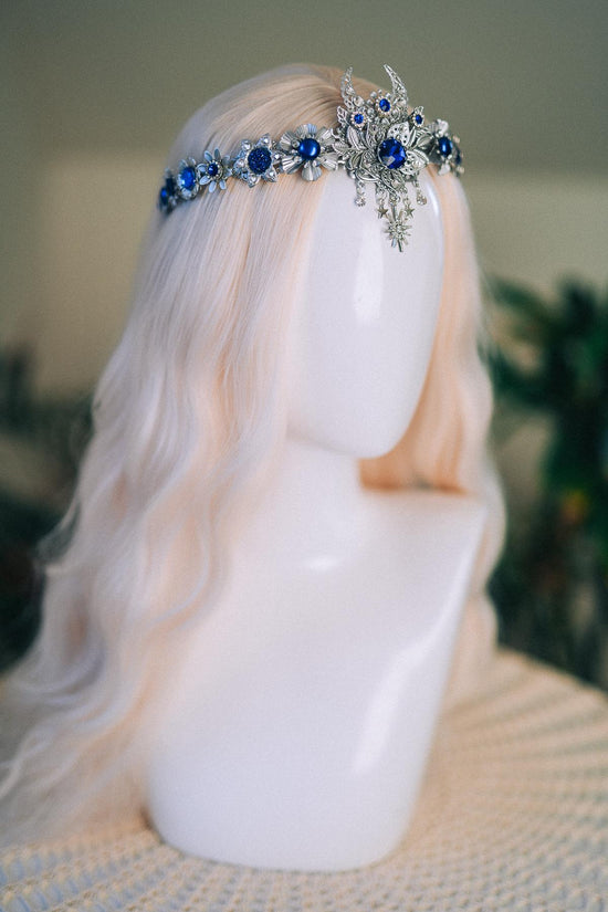 Silver Moon Goddess Tiara Blue Crystals Crescent Crown Celestial Headpiece Wedding Ball Festival Costume Silver Tiara Bride