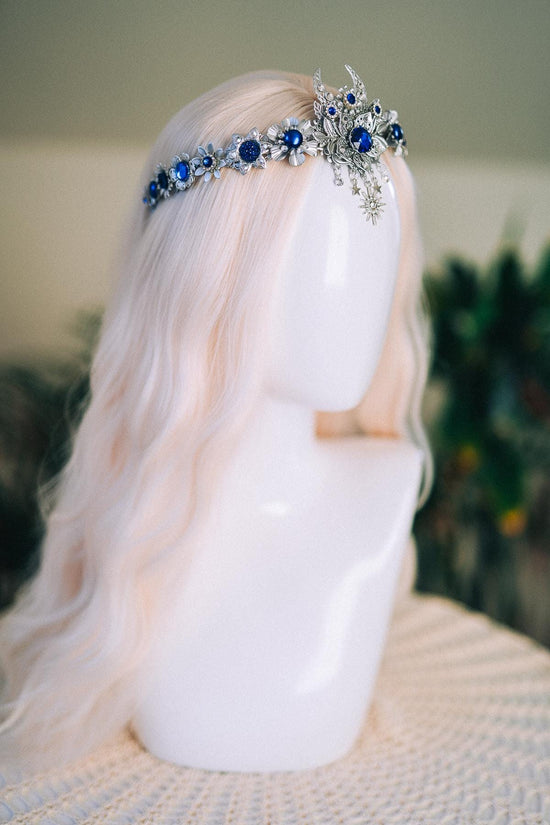 Silver Moon Goddess Tiara Blue Crystals Crescent Crown Celestial Headpiece Wedding Ball Festival Costume Silver Tiara Bride