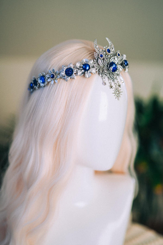 Silver Moon Goddess Tiara Blue Crystals Crescent Crown Celestial Headpiece Wedding Ball Festival Costume Silver Tiara Bride