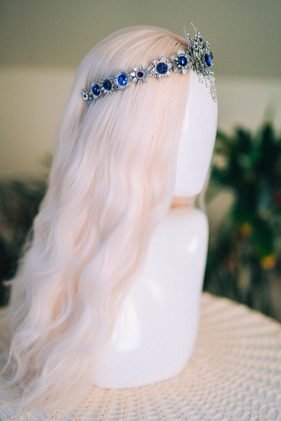 Silver Moon Goddess Tiara Blue Crystals Crescent Crown Celestial Headpiece Wedding Ball Festival Costume Silver Tiara Bride