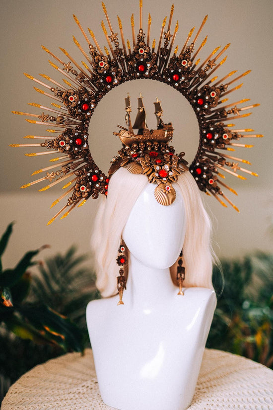 Gold Pirate Ship Halo Crown With Earrings Red Gem Skull Headpiece Ocean Goddess Costume Sea Queen Crown Fantasy Festival Headpiece