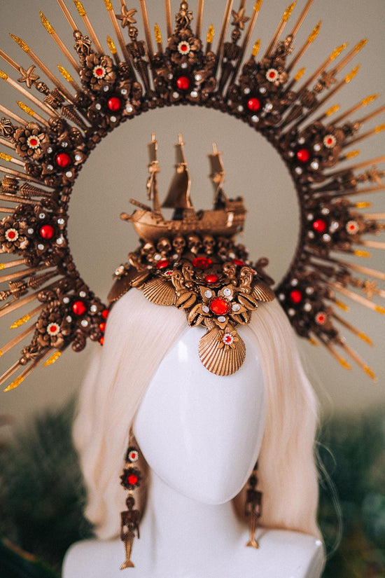 Gold Pirate Ship Halo Crown With Earrings Red Gem Skull Headpiece Ocean Goddess Costume Sea Queen Crown Fantasy Festival Headpiece
