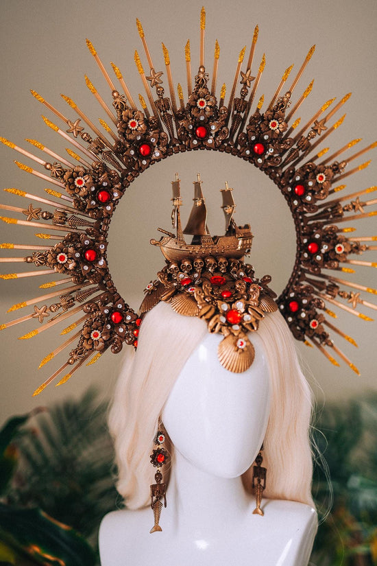 Gold Pirate Ship Halo Crown With Earrings Red Gem Skull Headpiece Ocean Goddess Costume Sea Queen Crown Fantasy Festival Headpiece