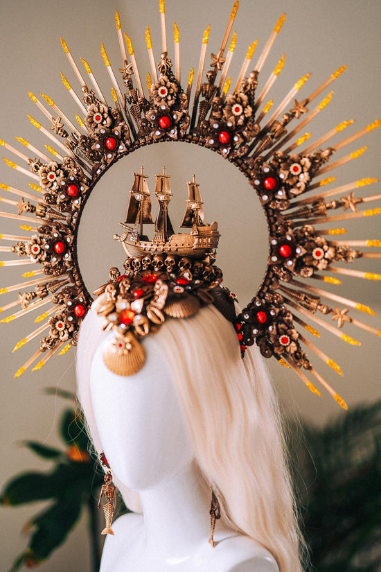 Gold Pirate Ship Halo Crown With Earrings Red Gem Skull Headpiece Ocean Goddess Costume Sea Queen Crown Fantasy Festival Headpiece