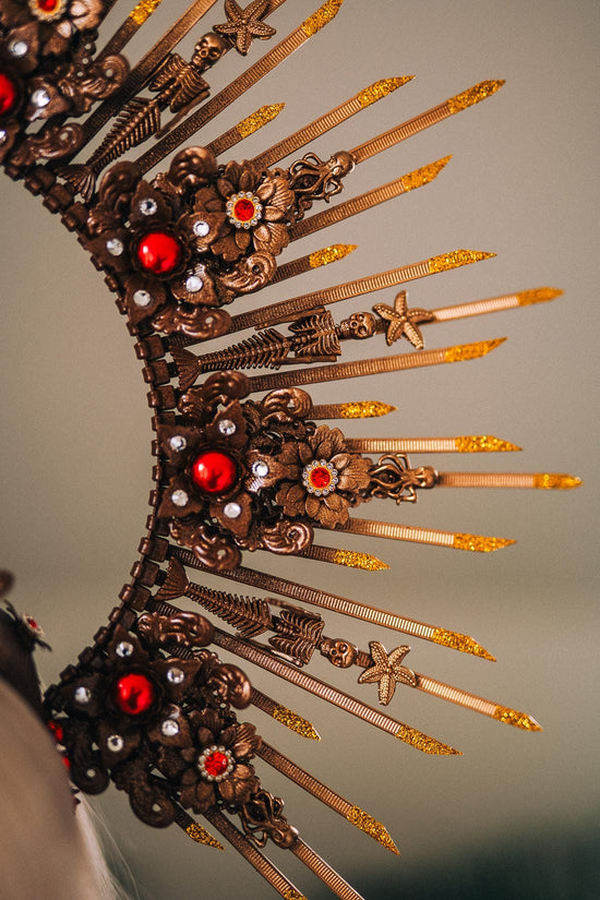 Gold Pirate Ship Halo Crown With Earrings Red Gem Skull Headpiece Ocean Goddess Costume Sea Queen Crown Fantasy Festival Headpiece