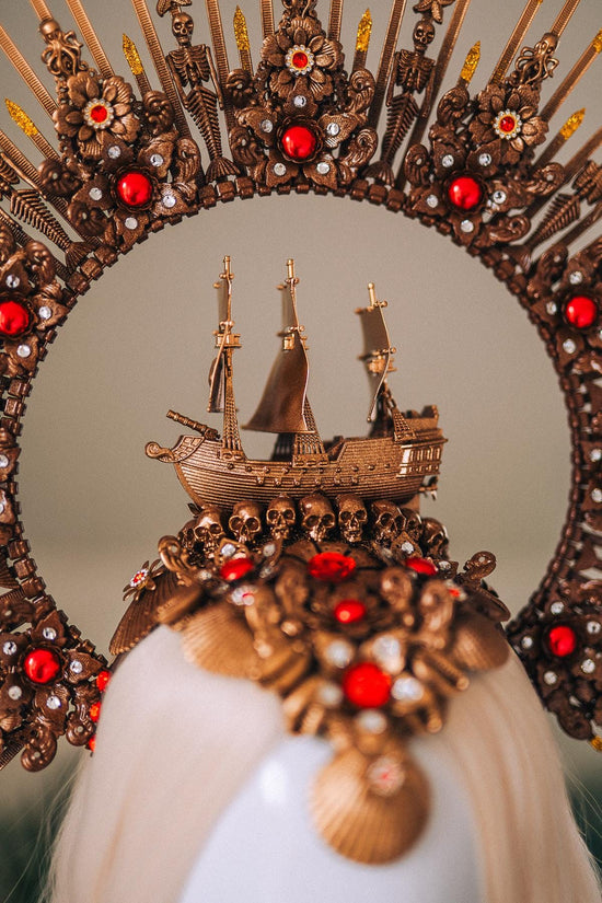 Gold Pirate Skull Earrings Red Gem Ocean Goddess Jewelry Gothic Baroque Statement Earrings Fantasy Festival Halloween Accessory