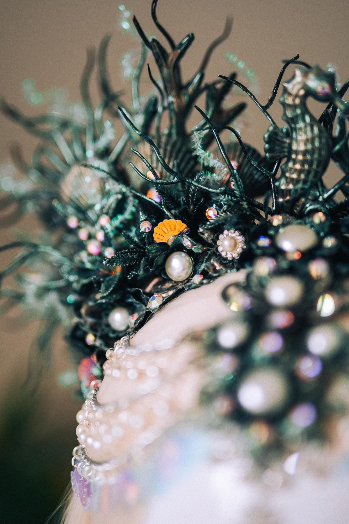 Mermaid Siren Halo Crown Iridescent Green Pearls Sea Goddess Headpiece Fantasy Costume Ocean Queen Tiara