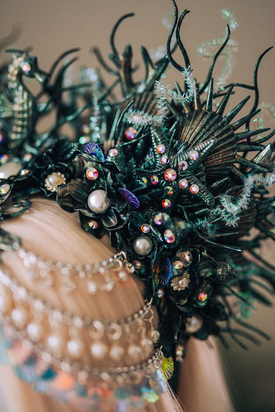 Mermaid Siren Halo Crown Iridescent Green Pearls Sea Goddess Headpiece Fantasy Costume Ocean Queen Tiara