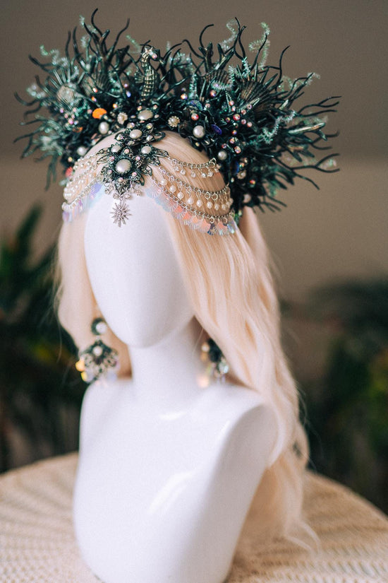 Mermaid Siren Earrings Iridescent Shells Sea Goddess Jewelry Ocean Fantasy Earrings Pearl Statement Festival Accessory