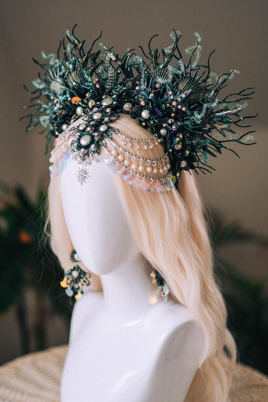 Mermaid Siren Earrings Iridescent Shells Sea Goddess Jewelry Ocean Fantasy Earrings Pearl Statement Festival Accessory