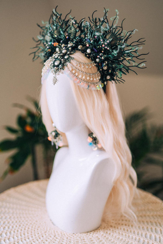 Mermaid Siren Earrings Iridescent Shells Sea Goddess Jewelry Ocean Fantasy Earrings Pearl Statement Festival Accessory