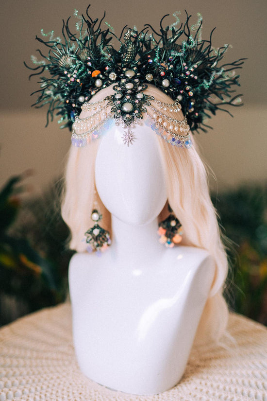 Mermaid Siren Earrings Iridescent Shells Sea Goddess Jewelry Ocean Fantasy Earrings Pearl Statement Festival Accessory