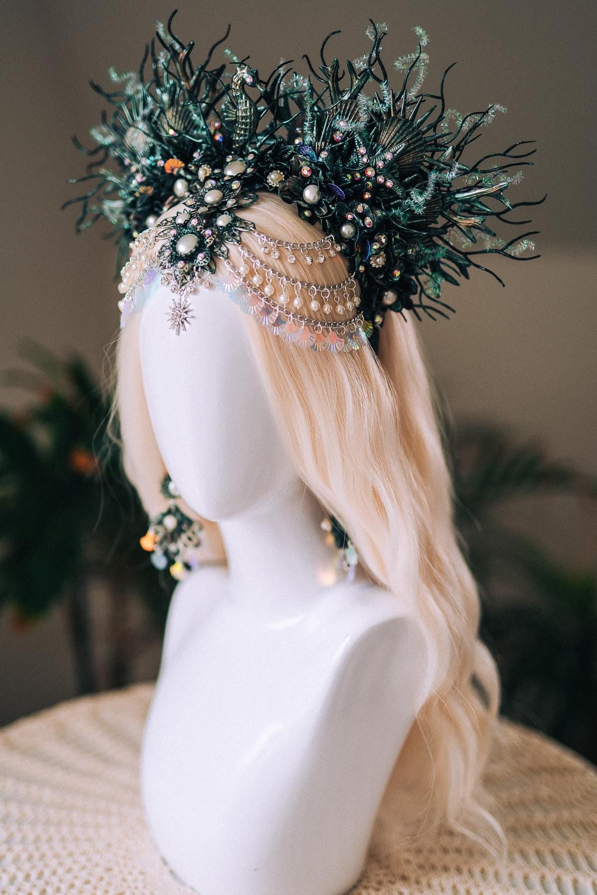 Mermaid Siren Earrings Iridescent Shells Sea Goddess Jewelry Ocean Fantasy Earrings Pearl Statement Festival Accessory