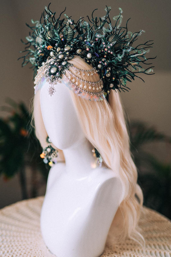 Mermaid Siren Earrings Iridescent Shells Sea Goddess Jewelry Ocean Fantasy Earrings Pearl Statement Festival Accessory