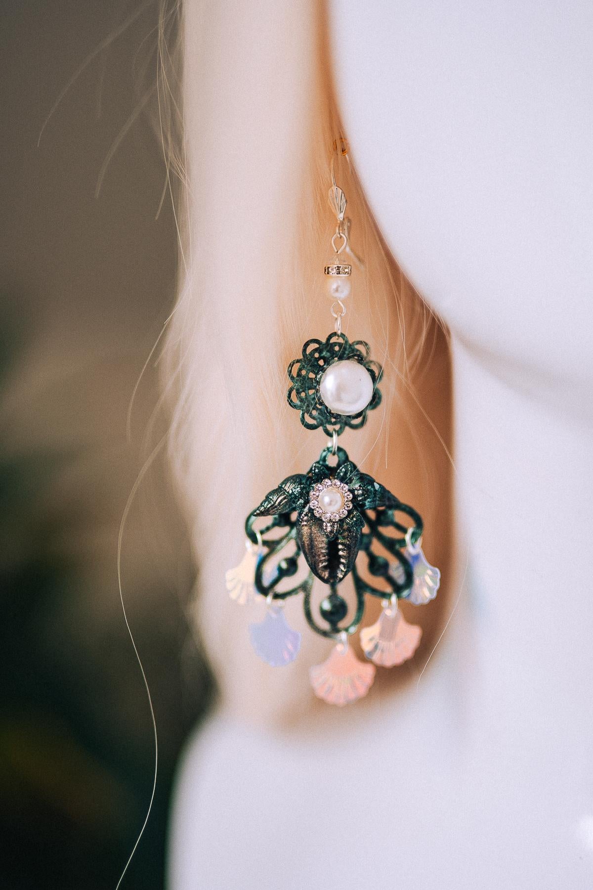 Mermaid Siren Earrings Iridescent Shells Sea Goddess Jewelry Ocean Fantasy Earrings Pearl Statement Festival Accessory