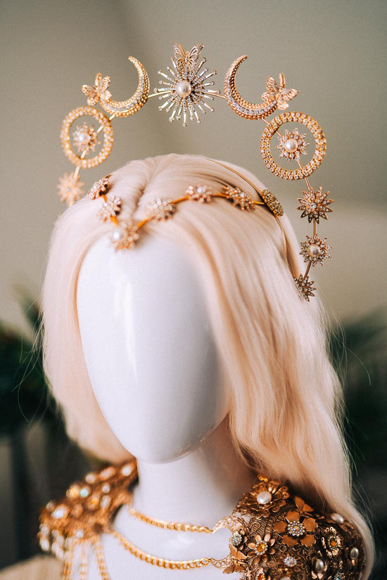 Celestial Butterfly Goddess Halo Crown Moon Star Sun Festival Headpiece Bridal Boho Wedding Gold Halo Crown