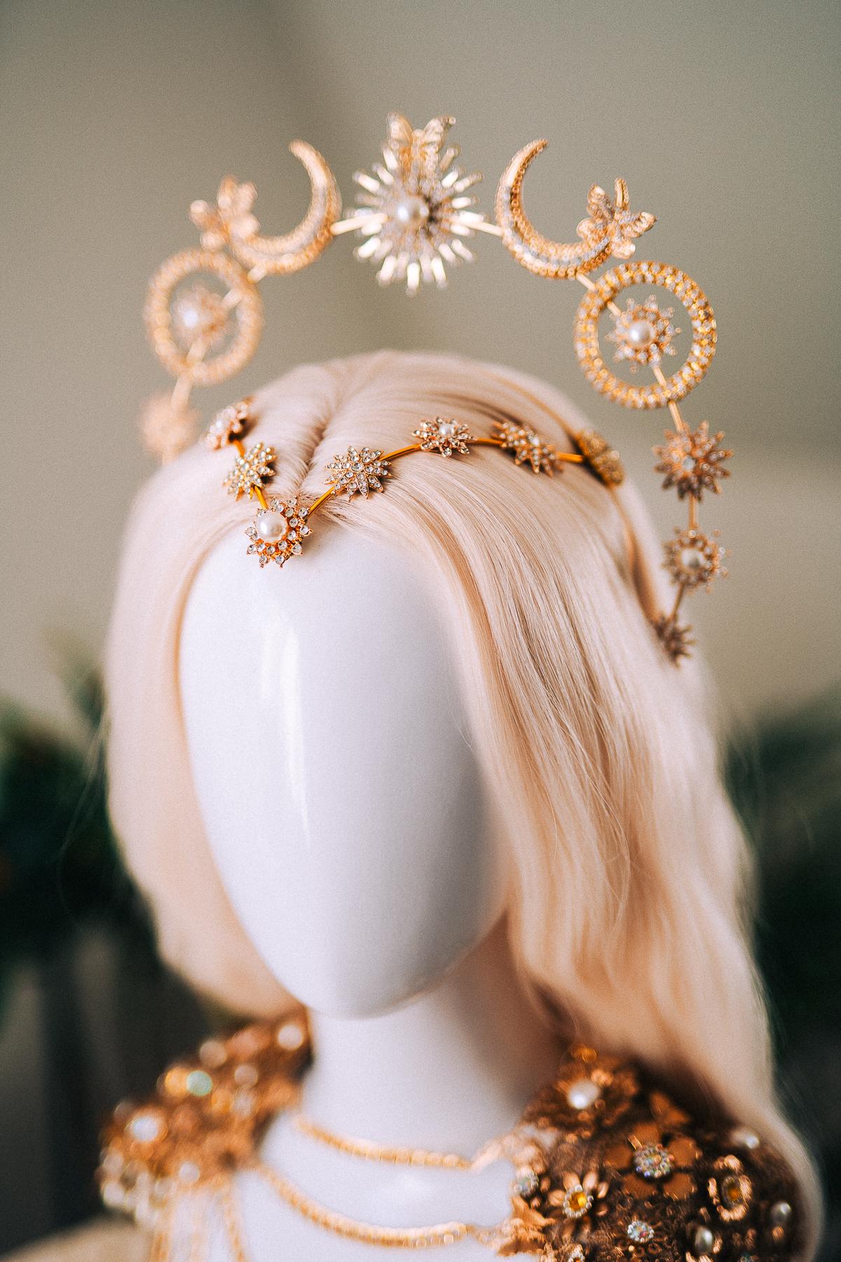 Celestial Butterfly Goddess Halo Crown Moon Star Sun Festival Headpiece Bridal Boho Wedding Gold Halo Crown