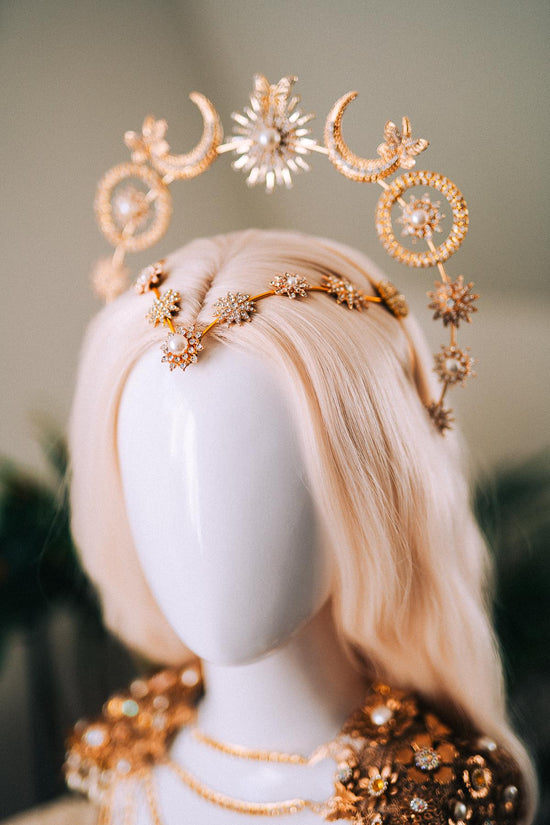 Celestial Butterfly Goddess Halo Crown Moon Star Sun Festival Headpiece Bridal Boho Wedding Gold Halo Crown