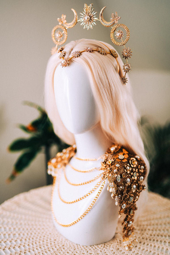 Celestial Butterfly Goddess Halo Crown Moon Star Sun Festival Headpiece Bridal Boho Wedding Gold Halo Crown