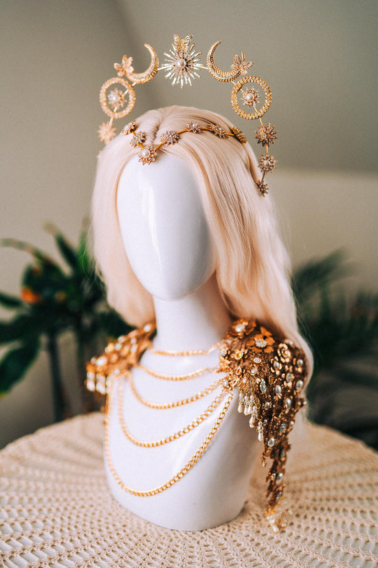 Celestial Butterfly Goddess Halo Crown Moon Star Sun Festival Headpiece Bridal Boho Wedding Gold Halo Crown