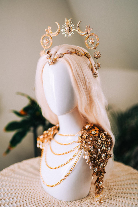 Celestial Butterfly Goddess Halo Crown Moon Star Sun Festival Headpiece Bridal Boho Wedding Gold Halo Crown