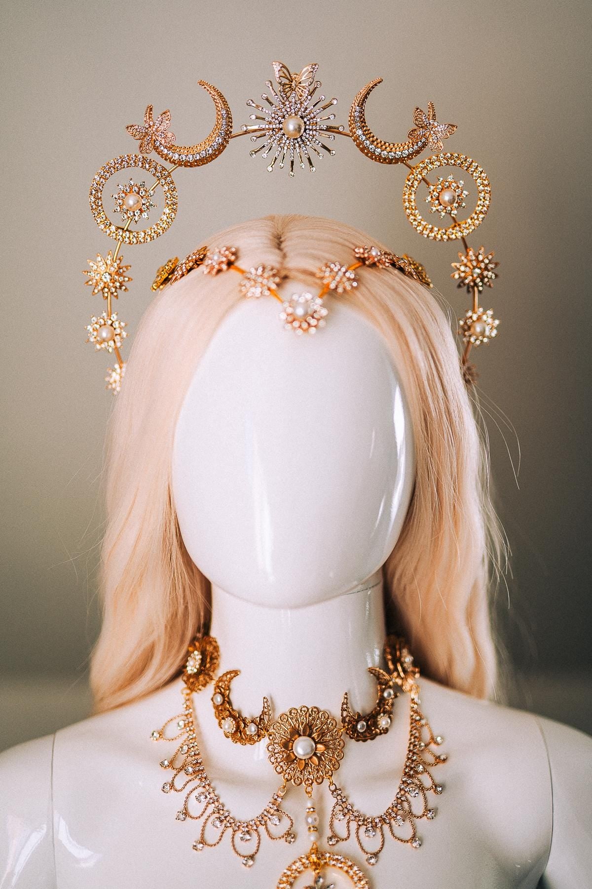 Celestial Butterfly Goddess Halo Crown Moon Star Sun Festival Headpiece Bridal Boho Wedding Gold Halo Crown