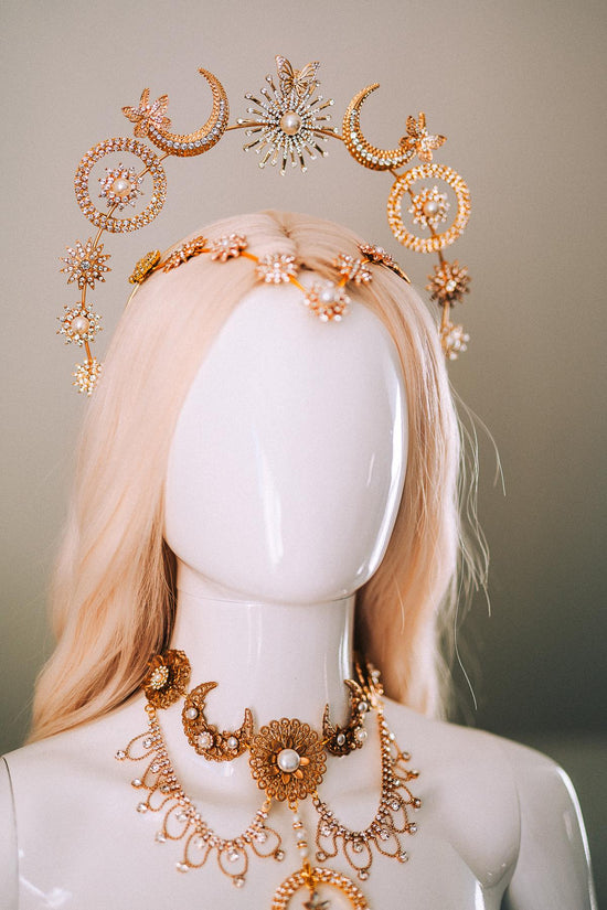 Celestial Butterfly Goddess Halo Crown Moon Star Sun Festival Headpiece Bridal Boho Wedding Gold Halo Crown