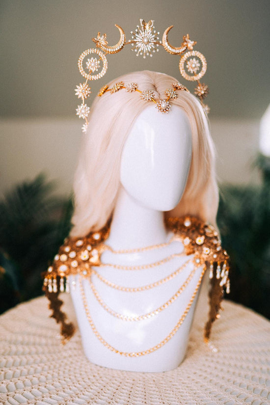 Celestial Butterfly Goddess Halo Crown Moon Star Sun Festival Headpiece Bridal Boho Wedding Gold Halo Crown